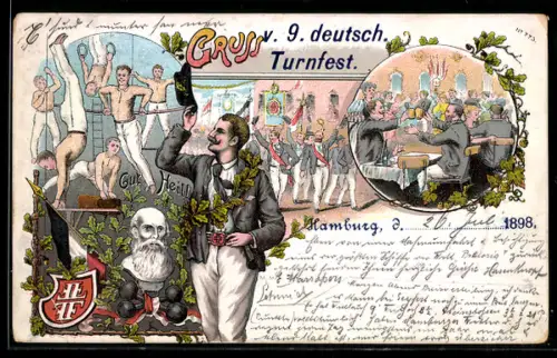 Lithographie Ganzsache PP9 C42 /02: Hamburg, 9. Deutsches Turnfest 1898, Turner, Reichsfahne und Turnvater Jahn