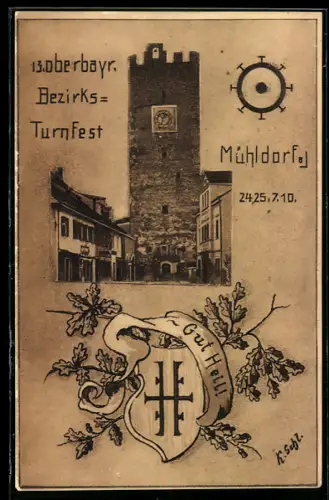 AK Ganzsache PP15 C180 /01: Mühldorf, 13. Oberbayr. Bezirksturnfest 1910, Stadtturm und Turnerkreuz