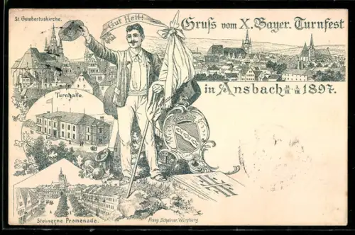 Lithographie Ansbach, X. Bayerisches Turnfest 1897, Turner mit Banner Gut Heil!, Ganzsache Bayern