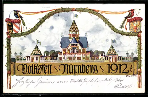 AK Nürnberg, Volksfest 1912, Festhalle in der Aussenansicht, Ganzsache Bayern