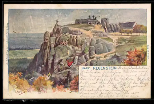 Künstler-AK Schwenke Serie 3, No. 2: Regenstein, Berg mit Gesicht / Berggesichter