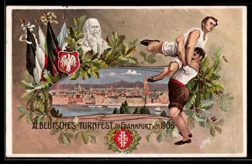 AK Frankfurt, XI. Deutsches Turnfest 1908, Athleten beim Ringen, Flaggen, Büste des Turnvaters Jahn