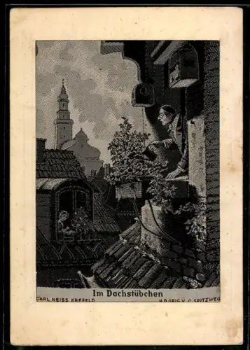 Künstler-Seiden-AK Carl Spitzweg: Im Dachstübchen, älterer Herr giesst seine Blumen