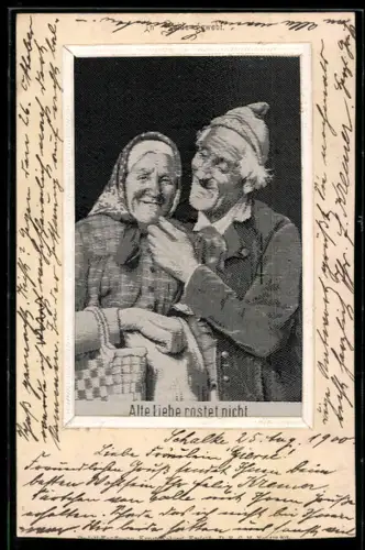 Seiden-AK Altes Liebespaar in Trachten