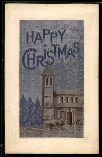 Seiden-AK Kirche am Waldrand im Schnee, Weihnachtsgruss