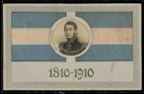 Seiden-AK San Martin, Portrait von José de Sn. Martin mit Lebensdaten und Flagge