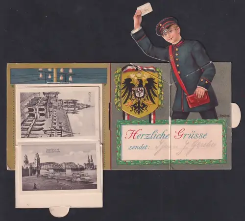 Mechanische-AK Köln /Rhein, Aufklappbarer Postbote, Leporello mit Dom, Hahnentor und Rathaus