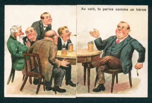 Mechanische-AK Männer beim Biertrinken und ein Mann auf Knien vor einem leuchtenden Schlüssel