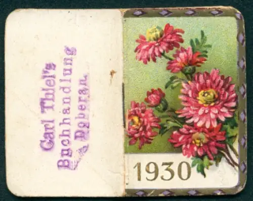 Kalender 1930, Doberan, Carl Thiel`s Buchhandlung, Chrysanthemen, Jüdische und Katholische Festtage