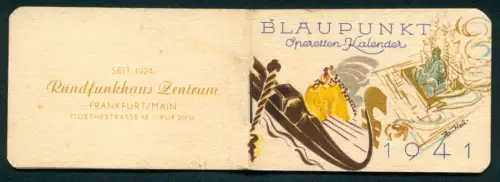 Kalender 1941, Frankfurt a. M., Rundfunkhaus-Zentrum, Blaupunkt Operetten-Kalender, Monika, Der Zarewitsch, Boccaccio