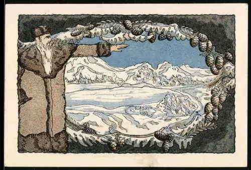 Notgeld Stammbach 1921, 99 Pfennig, Winterlandschaft mit altem Mann im Pelzmantel