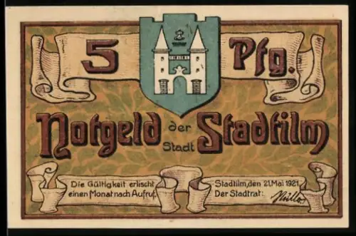 Notgeld Stadtilm 1921, 5 Pfennig, Wappen und Methfessel-Denkmal mit Zitat von Arndt