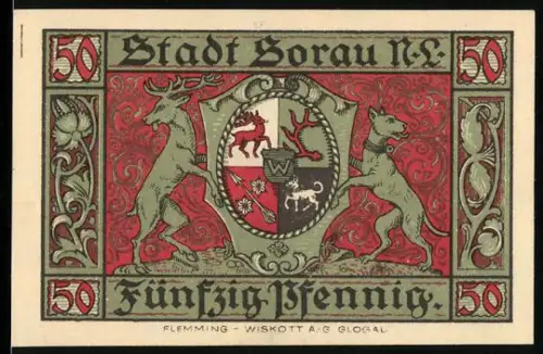 Notgeld Sorau /N.L. 1921, 50 Pfennig, Wappen mit Hirsch und Hund, Gebäudeansicht
