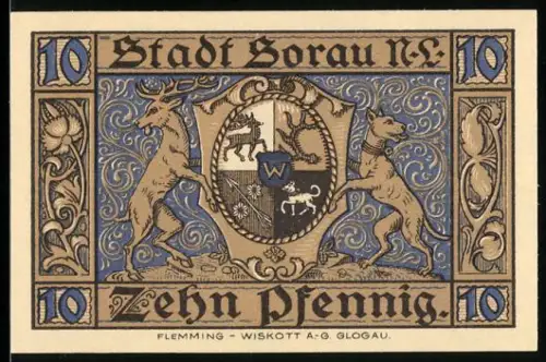 Notgeld Sorau /N.L., 10 Pfennig, Wappen mit Hirsch und Hund, Ortsansicht mit Türmen