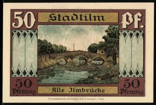 Notgeld Stadtilm 1921, 50 Pfennig, Alte Ilmbrücke und Krypta mit Wappen