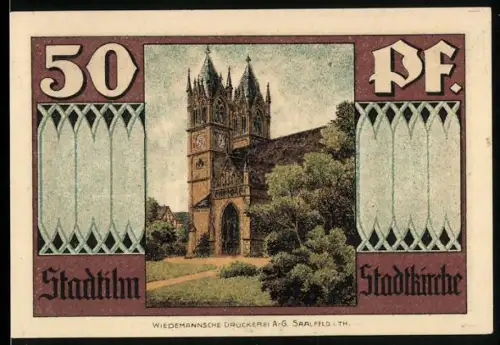 Notgeld Stadtilm 1921, 50 Pf, Stadtkirche und Krypta mit Wappen