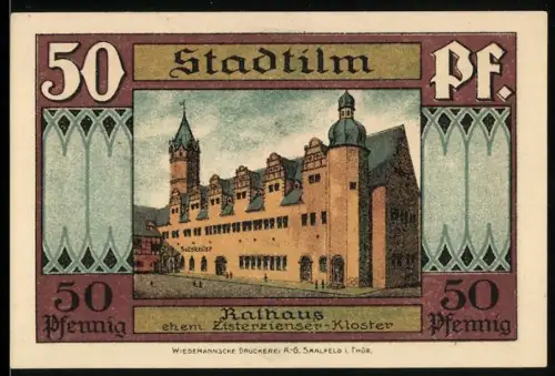 Notgeld Stadtilm 1921, 50 Pfennig, Rathaus und Krypta-Motiv