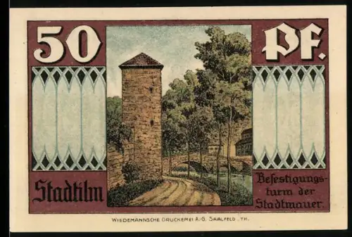 Notgeld Stadtilm 1921, 50 Pf, Befestigungsturm und Krypta mit Wappen der Stadt