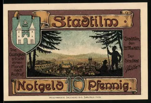 Notgeld Stadtilm 1921, 10 Pfennig, Ortsansicht und arbeitende Handwerker