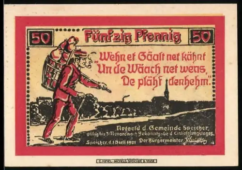 Notgeld Speicher 1921, 50 Pfennig, Figur mit Korb und Landschaft, Arbeiter und Kohlenbrenner