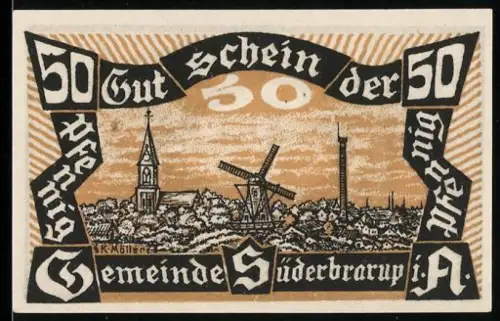 Notgeld Süderbrarup i. A. 1920, 50 Pfennig, Kirche, Windmühle und Landschaftsmotiv mit schlafendem Schwein