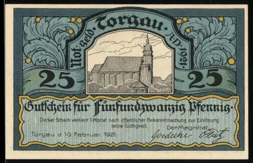 Notgeld Torgau 1921, 25 Pfennig, Kirche und Ritter mit Speer