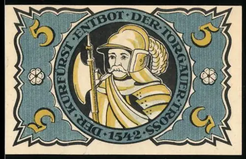 Notgeld Torgau 1921, 5 Pfennig, Kurfürst mit Rüstung und Lanze