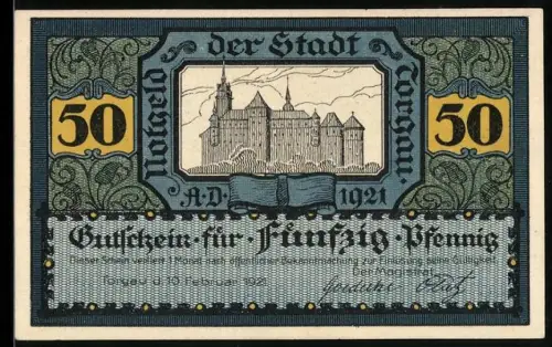 Notgeld Torgau 1921, 50 Pfennig, Ortsansicht und Ritter auf Pferd