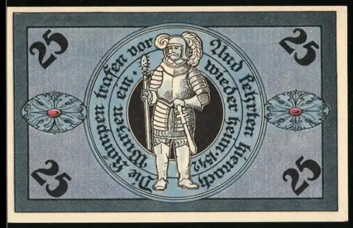Notgeld Torgau 1921, 25 Pfennig, Krieger und Kirche im Jugendstilornament