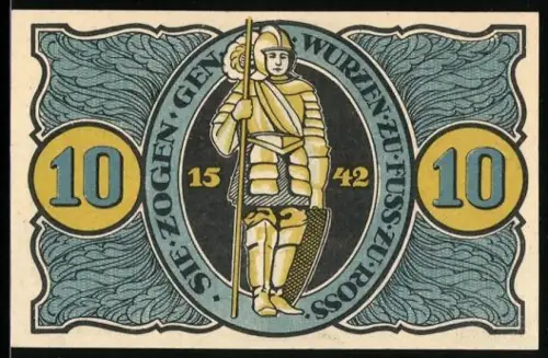 Notgeld Torgau 1921, 10 Pfennig, Ritter in Rüstung mit Speer und Schild