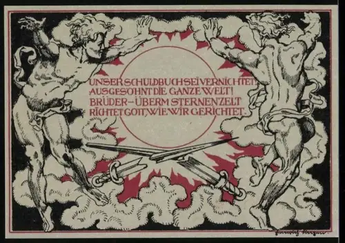 Notgeld Weimar 1921, 50 Pfennig, Porträt und zwei Figuren mit Schwertern in Wolken