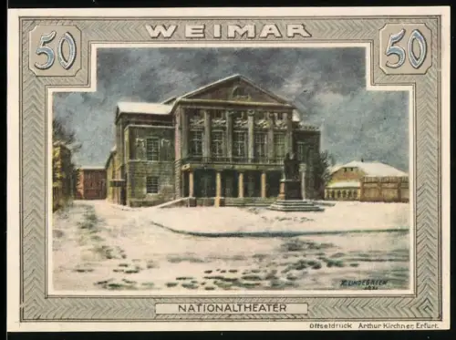 Notgeld Weimar 1921, 50 Pf., Nationaltheater und Wappen mit geflügeltem Helm und Löwe