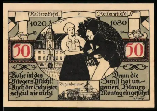 Notgeld Weissenfels a.d. Saale 1921, 50 Pfennig, Paar mit Gebäude und Stadtwappen mit Löwe und Kirche