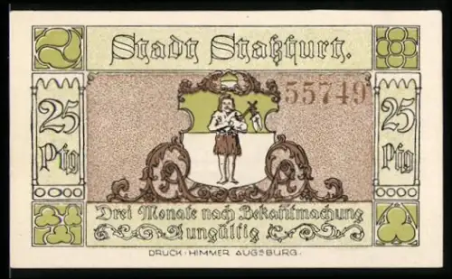Notgeld Stassfurt 1921, 25 Pfennig, Bergleute in einer Stube, Wappen mit Bergmann