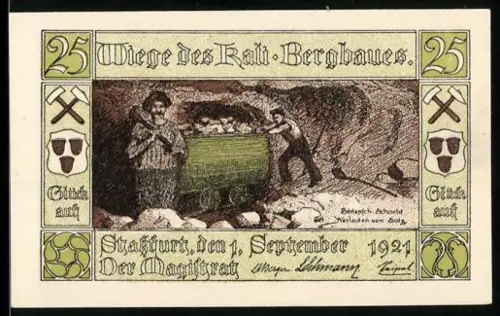 Notgeld Stassfurt 1921, 25 Pfennig, Bergleute im Kalibergwerk und Wappen mit Bergmann