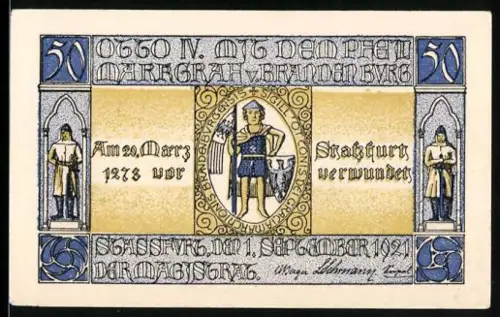 Notgeld Stassfurt 1921, 50 Pfennig, Otto IV. von Brandenburg und Stadtwappen