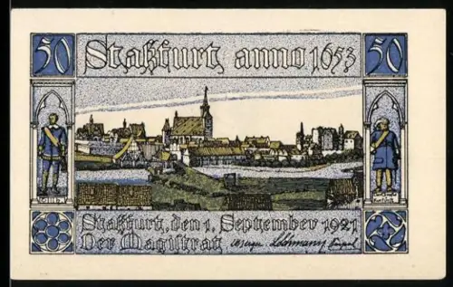 Notgeld Stassfurt 1921, 50 Pfennig, Ortsansicht und Mann mit Dudelsack im Wappen