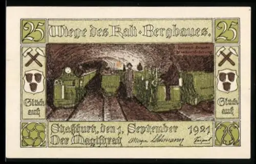 Notgeld Stassfurt 1921, 25 Pfennig, Bergbau im Tunnel, Stadtwappen mit Bergmann