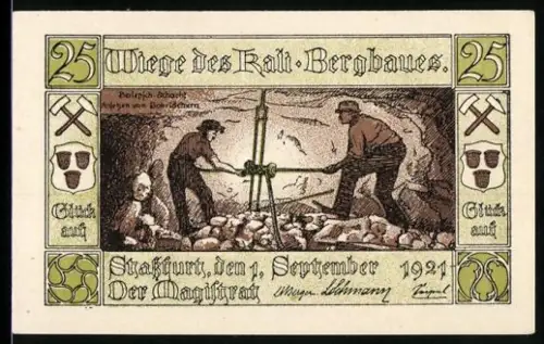 Notgeld Stassfurt 1921, 25 Pfennig, Kalibergbau-Szene und Stadtwappen mit Bergmann