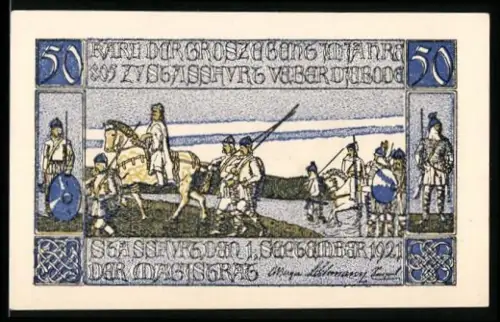 Notgeld Stassfurt 1921, 50 Pfennig, historische Szene mit Rittern und Flussüberquerung