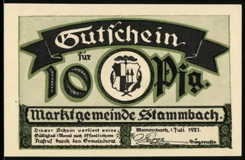 Notgeld Stammbach 1921, 10 Pfennig, Wappen und Landschaft mit Turm und Fachwerkhaus im Grünen