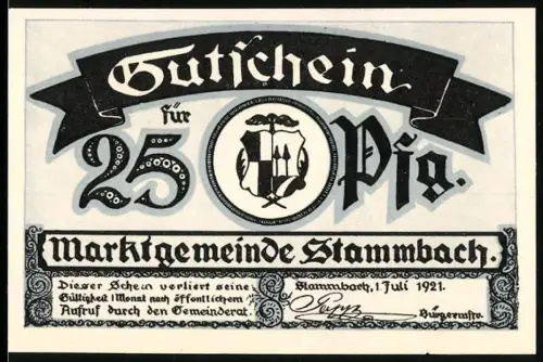 Notgeld Stammbach 1921, 25 Pfennig, Vereinsheim und Aussichtsturm Weissenstein, Wappen