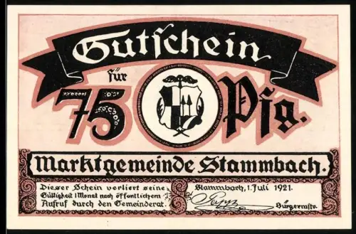 Notgeld Stammbach 1921, 75 Pfennig, mit Wappen, Vereinsheim und Aussichtsturm Weissenstein bei Stammbach