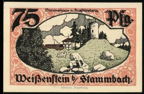 Notgeld Stammbach 1921, 75 Pfennig, Weissenstein mit Aussichtsturm und Wappen