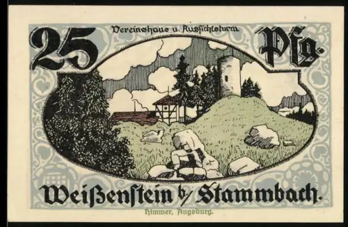 Notgeld Stammbach 1921, 25 Pfennig, Aussichtsturm und Landschaftsmotiv