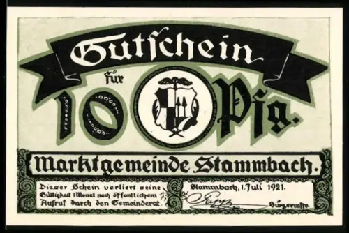 Notgeld Stammbach 1921, 10 Pfennig, Vereinshaus und Aussichtsturm mit Wappen