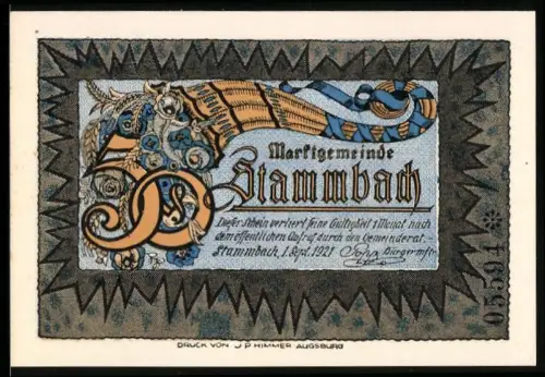 Notgeld Stammbach 1921, 50 Pfennig, kunstvolle Frau mit Weizen und Rosenornamenten