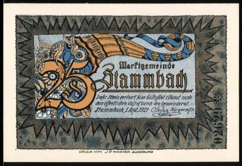 Notgeld Stammbach 1921, 25 Pfennig, Blütenkranz mit tanzender Frau und Landschaftsmotiv