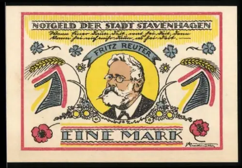 Notgeld Stavenhagen, 1 Mark, Fritz Reuter Porträt und Rathausillustration