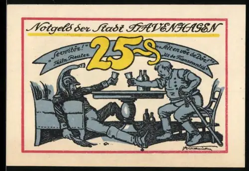 Notgeld Stavenhagen, 25 Pfennig, Soldaten in Kneipe und Ortsansicht